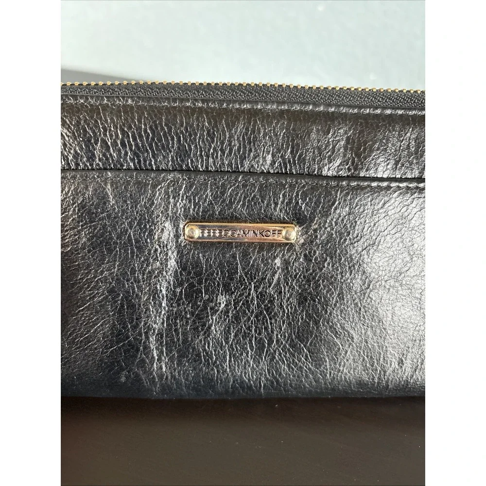 Rebecca‎ Minkoff Zip Around Wallet Black Gold Hardware Credit Card Billfold